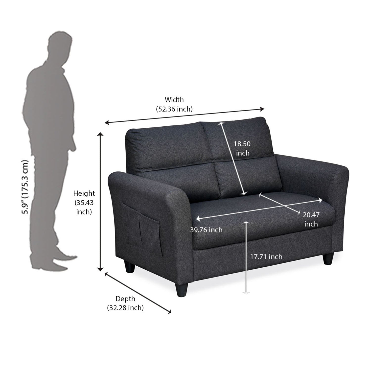 Nilkamal Oliver 2 Seater Fabric Sofa with Side Pocket (Charcoal Brown)