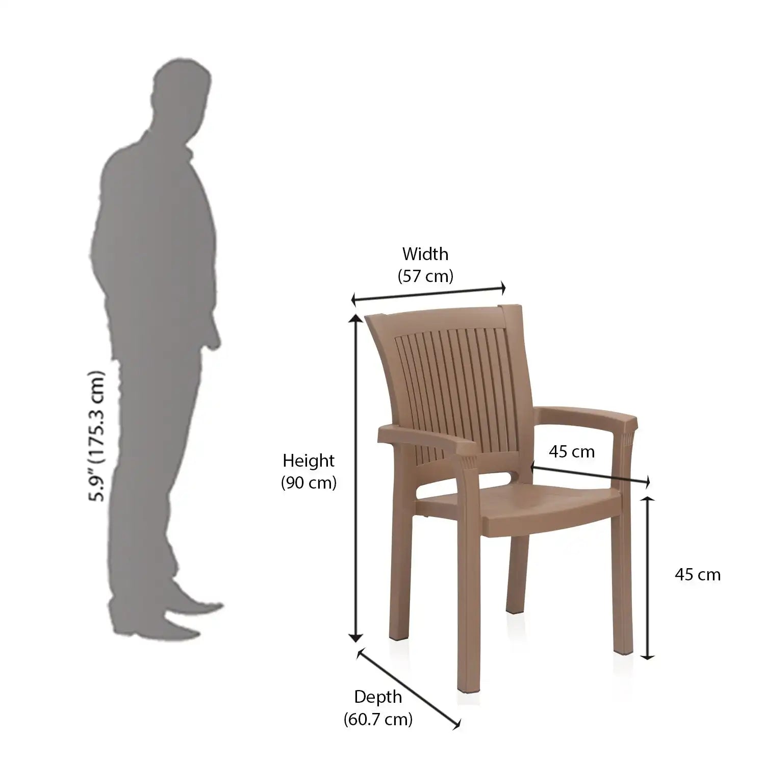 Nilkamal Platinum Premium Plastic Arm Chair (Rattan Dark Beige) - Size in CM