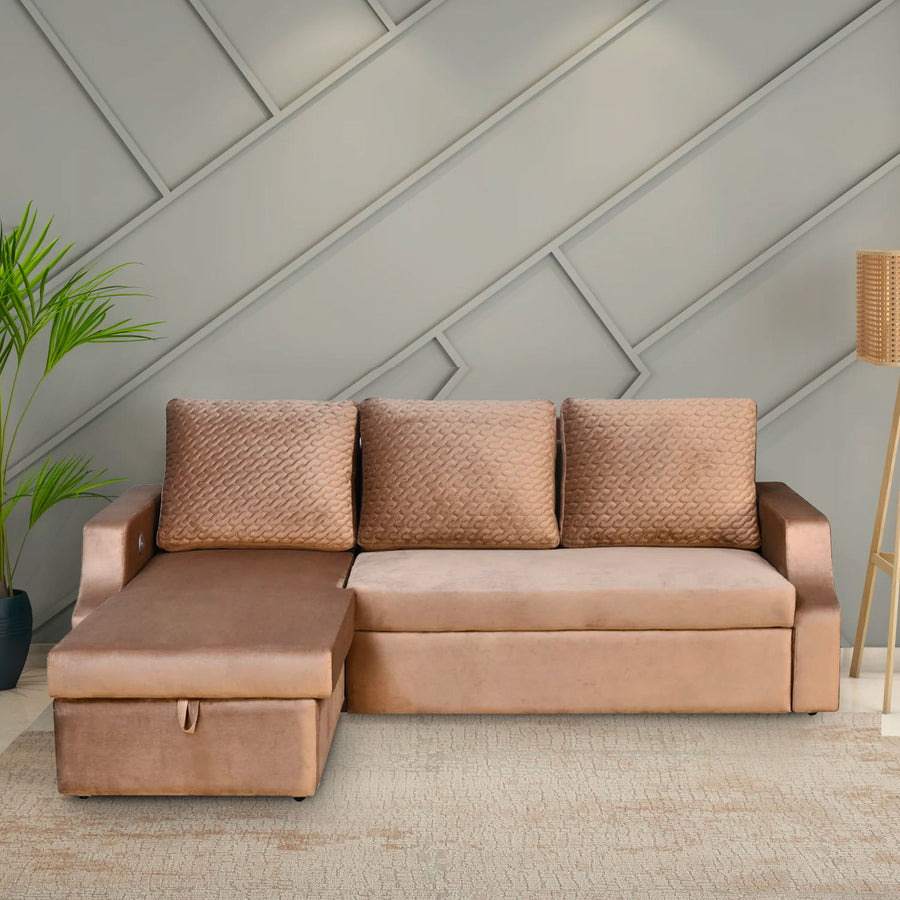 Nilkamal Portland Fabric Sofa Cum Bed with Right Lounger & Storage (Light Brown)