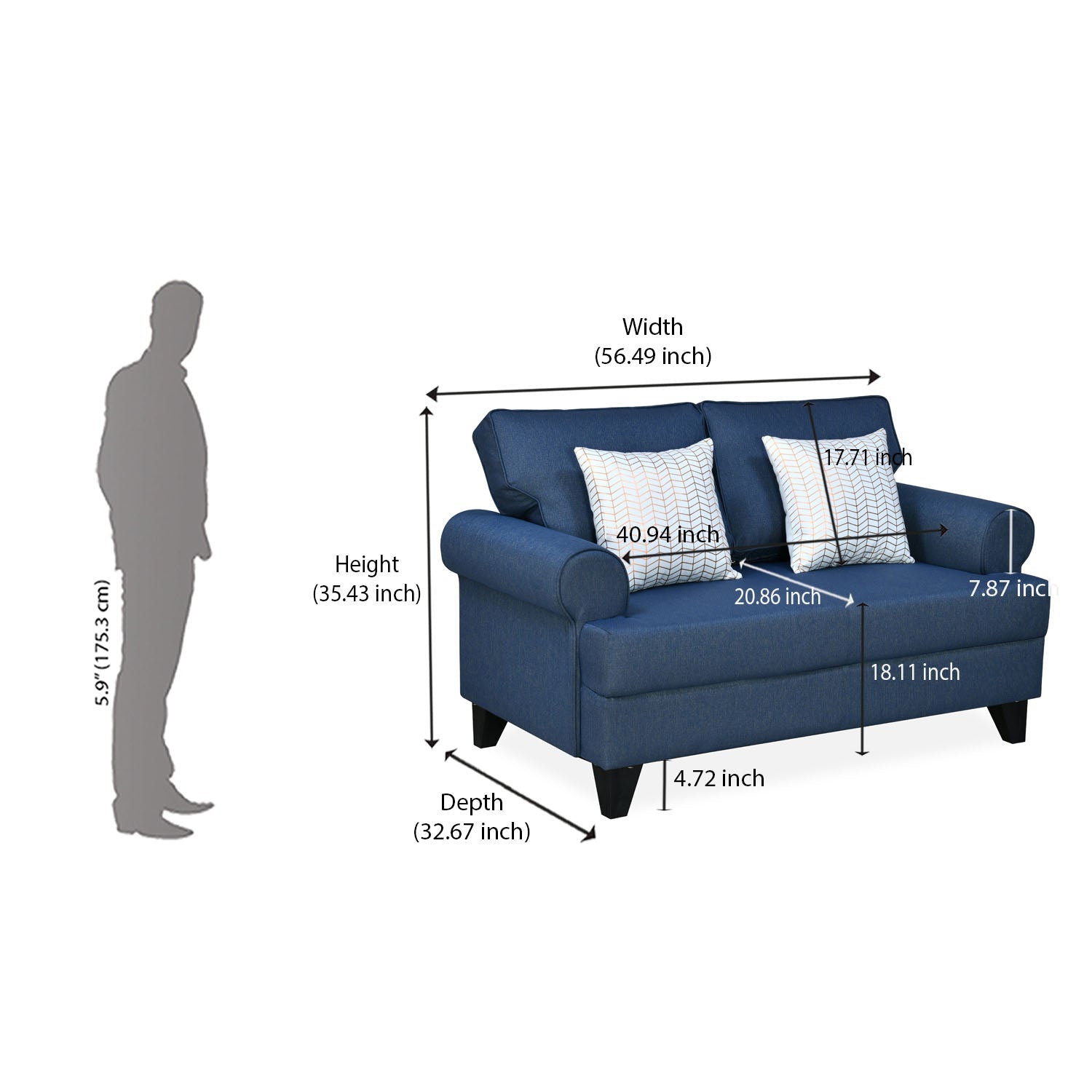 Nilkamal Velma Fabric 2 Seater Sofa with Cushion (Blue)