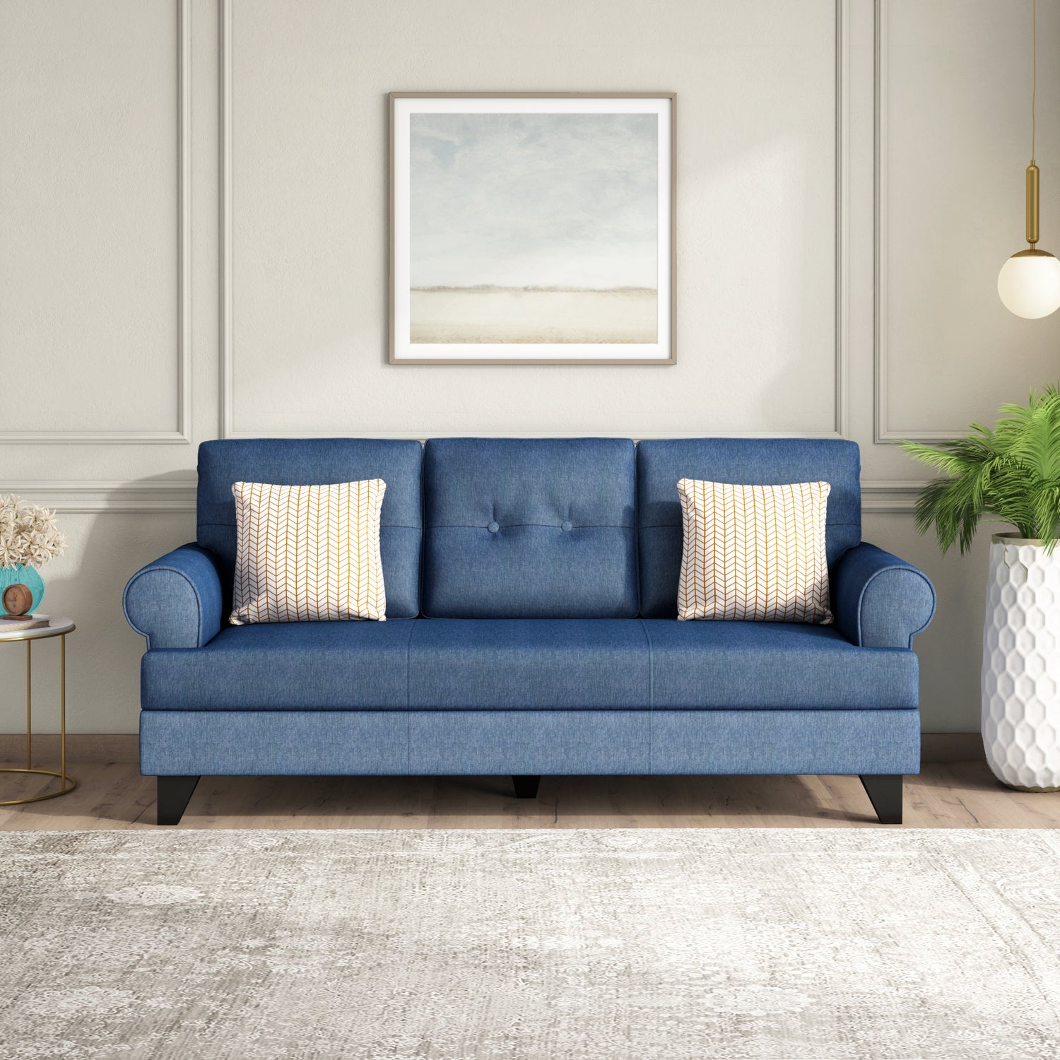 Nilkamal Velma 3 Seater Fabric Sofa with Cushion (Blue)