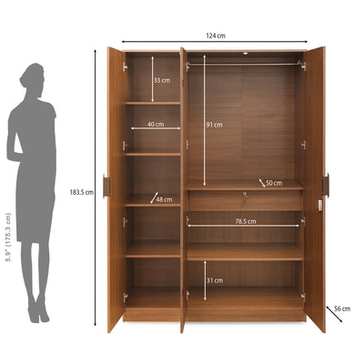 Nilkamal Milford 3 Door Wardrobe (Classic Walnut)