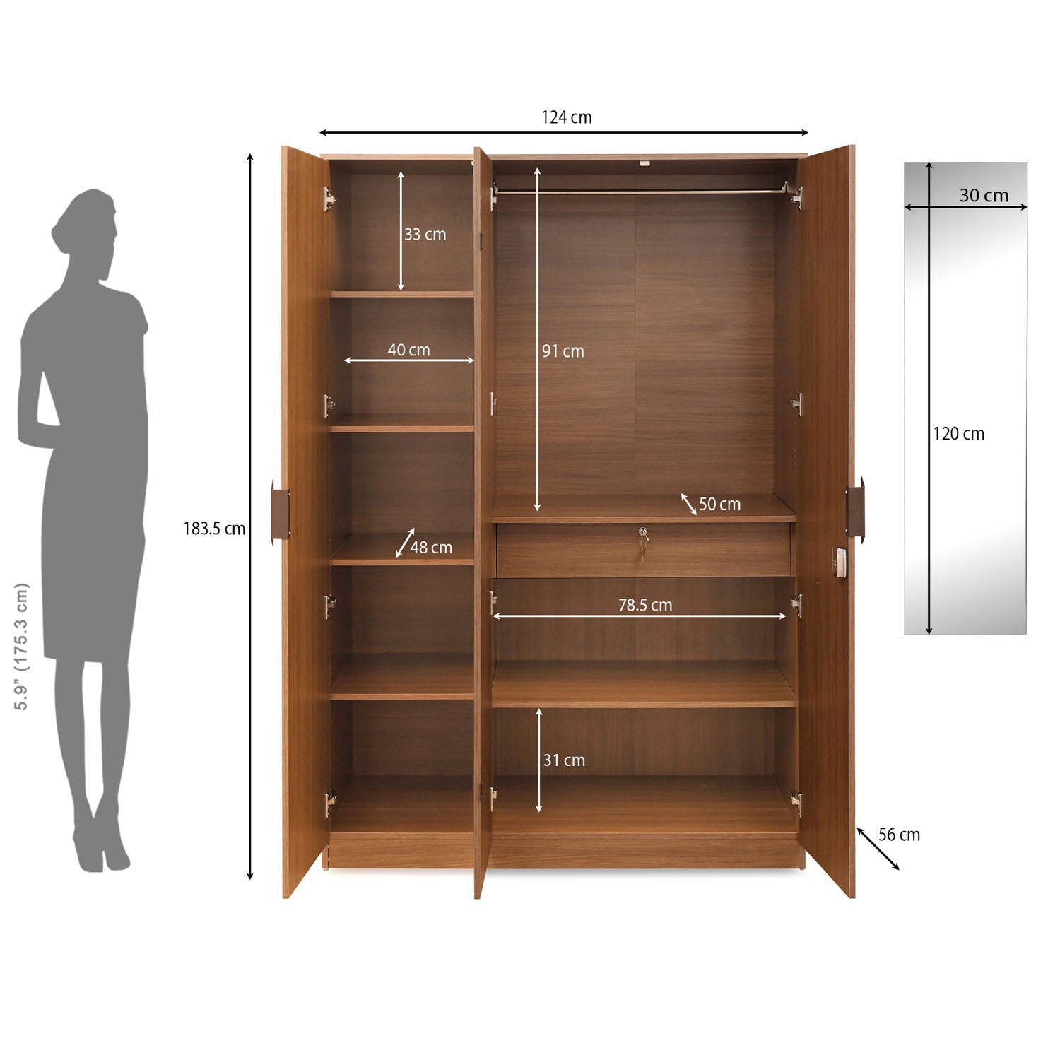 Buy Nilkamal Milford 3 Door Wardrobe with Mirror (Classic Walnut