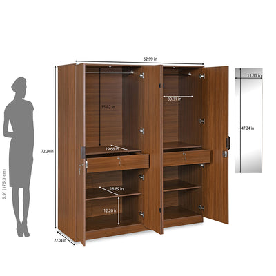 Nilkamal Milford 4 Door Wardrobe with Mirror (Classic Walnut)