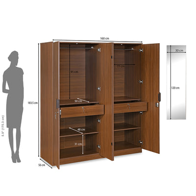Nilkamal Milford 4 Door Wardrobe with Mirror (Classic Walnut)