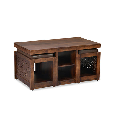 Nilkamal Corner Solid Wood Coffee Table with 2 Set Stools (Walnut)