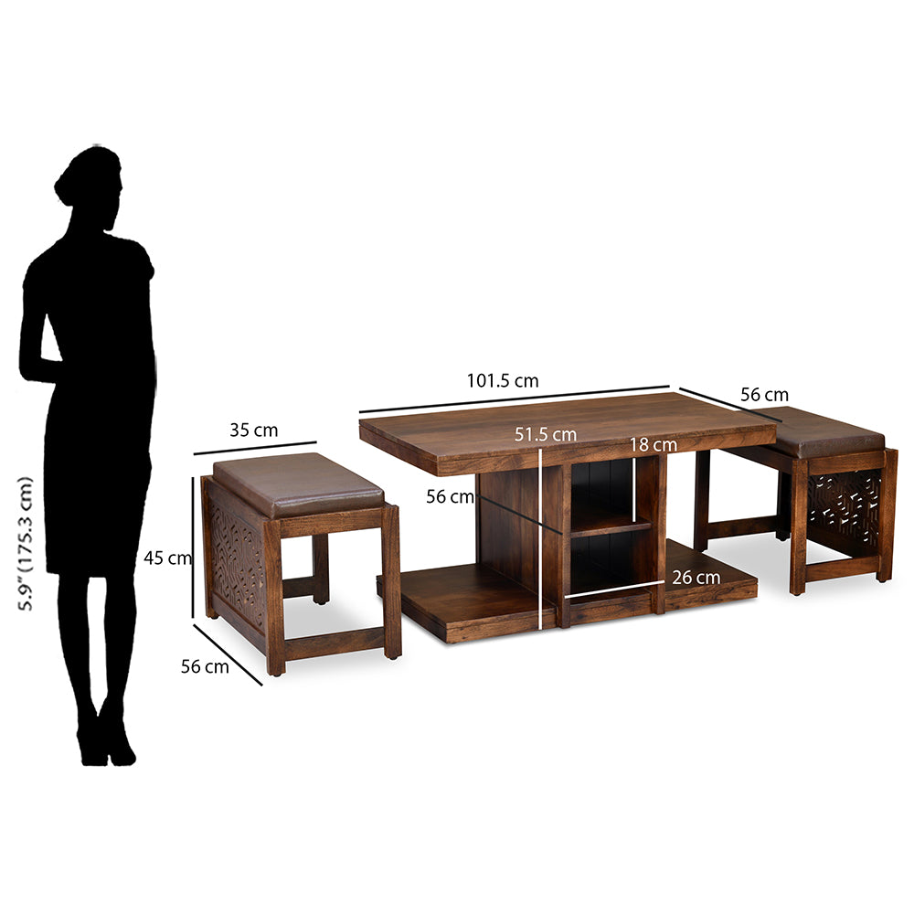 Nilkamal Corner Solid Wood Coffee Table with 2 Set Stools (Walnut)