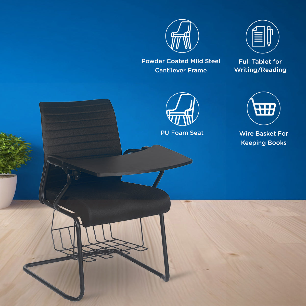 Nilkamal Thames Training Fabric Chair with Writing Shelf (Black)