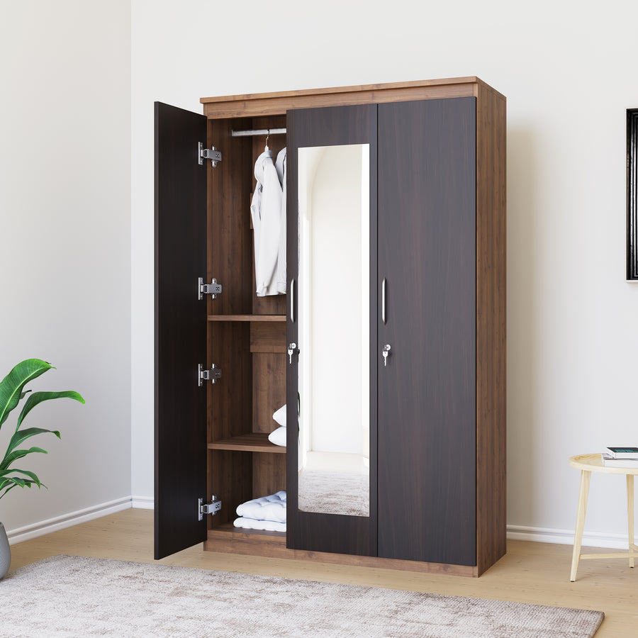 Nilkamal Czar 3 Door Mirror Wardrobe (Wenge/Knotwood)