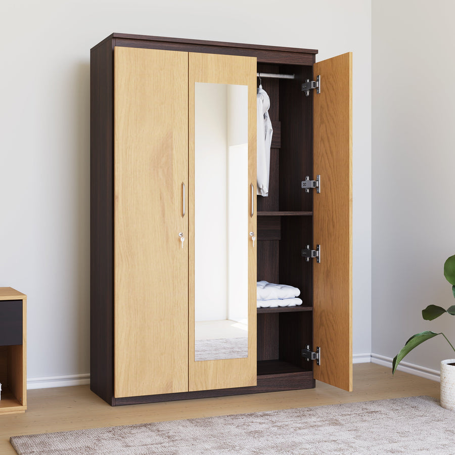Nilkamal Czar 3 Door Mirror Wardrobe (Beech/Walnut)