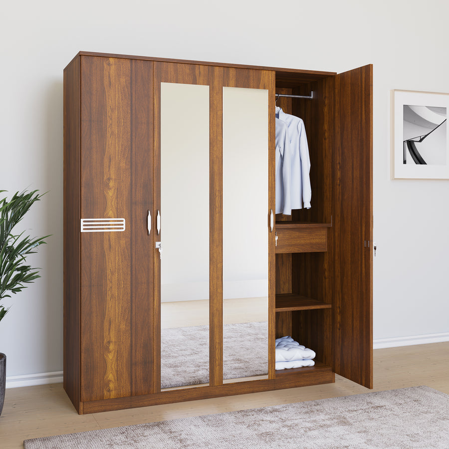 Nilkamal Riva 4 Door Mirror Wardrobe (Walnut)