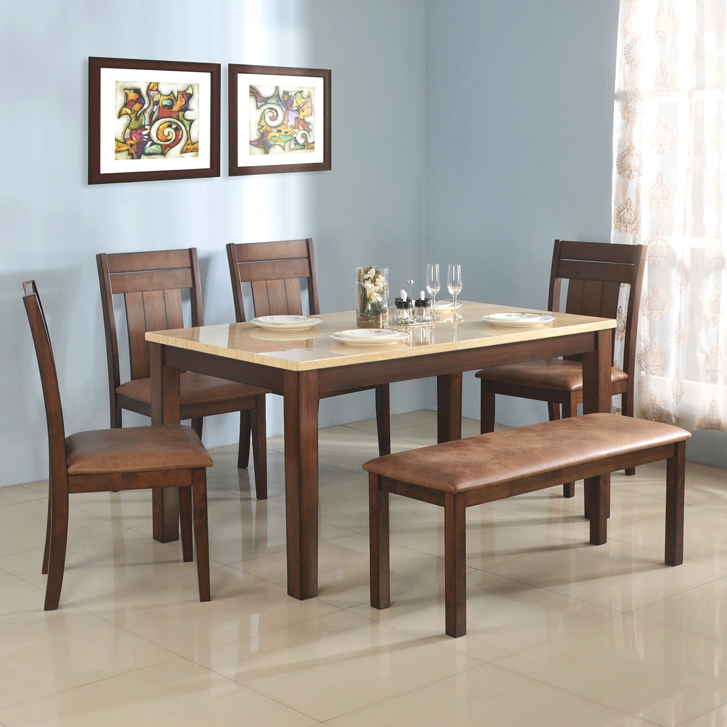 Nilkamal Arnold Marble 1 + 4 + Bench Dining Set (Beige)