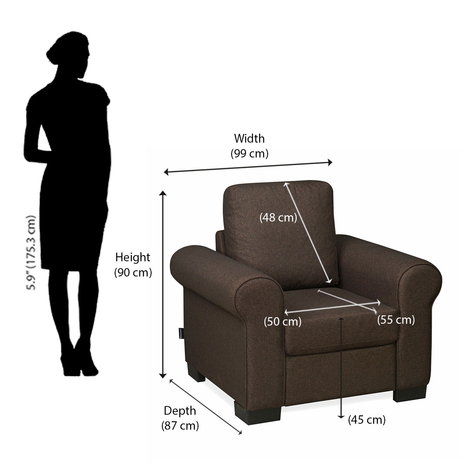 Nilkamal Array 1 Seater Bill Arm Sofa (Dark Brown)