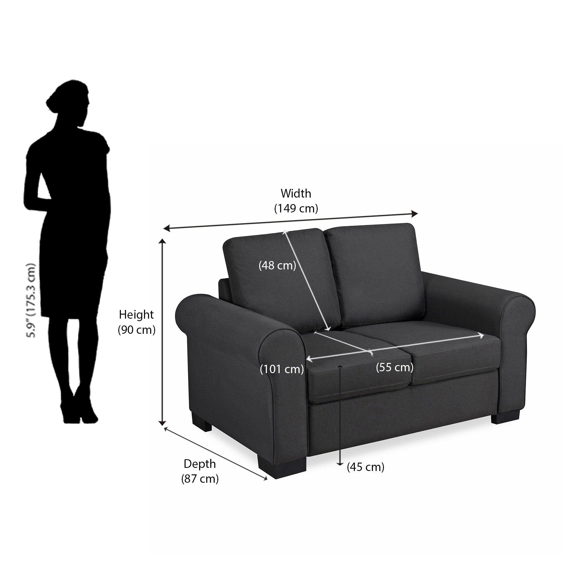 Nilkamal Array 2 Seater Bill Arm Sofa (Dark Grey)