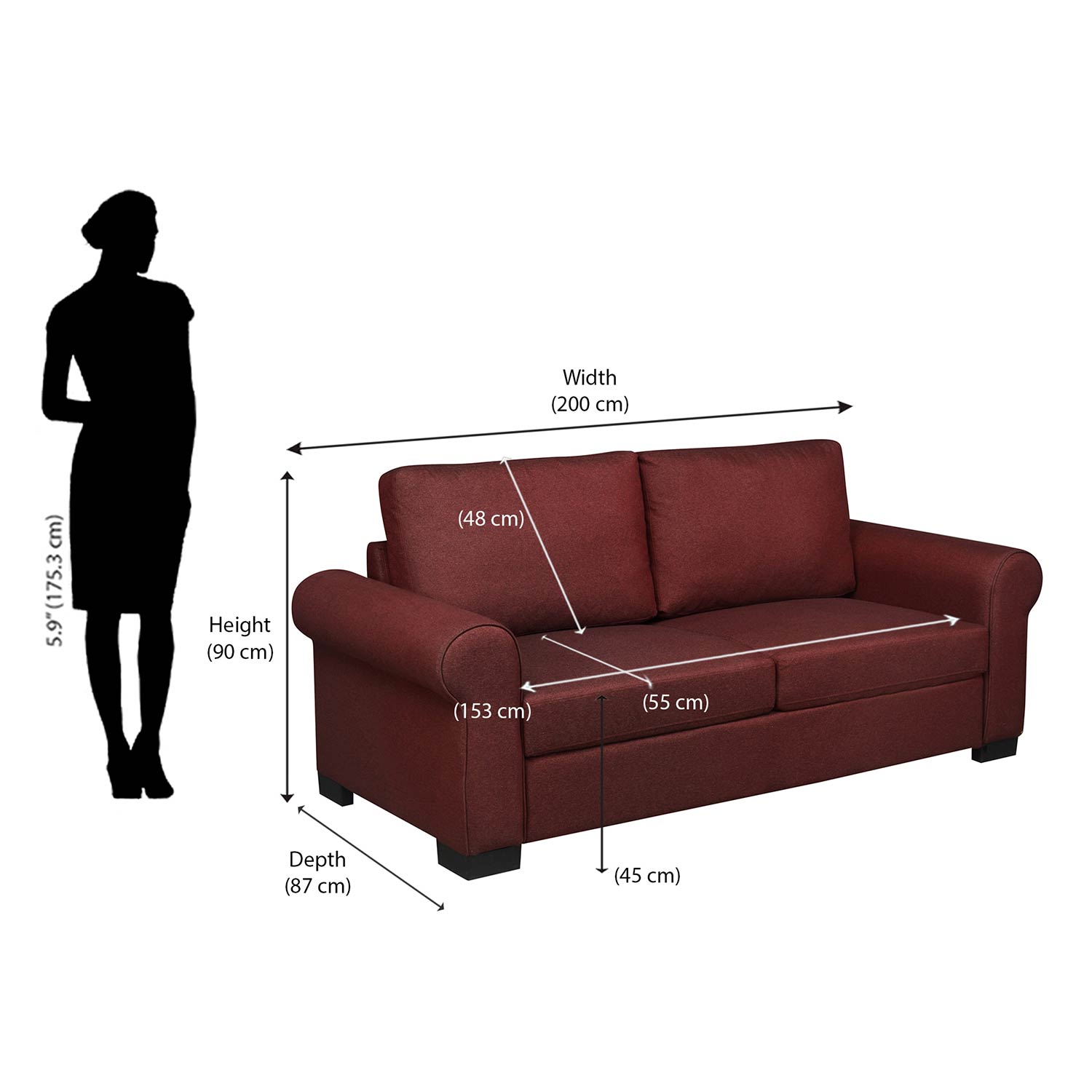 Nilkamal Array 3 Seater Bill Arm Sofa (Maroon)