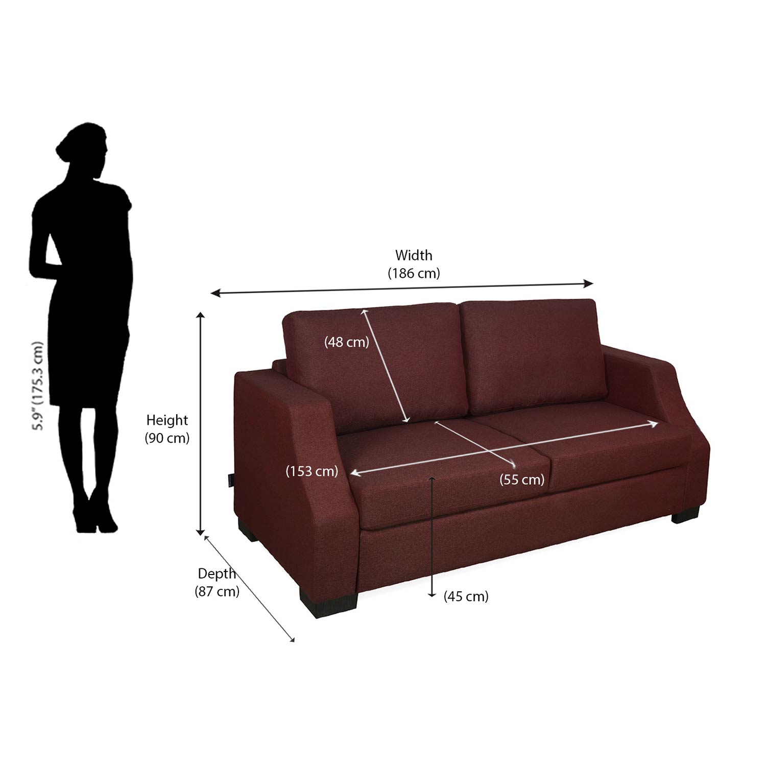 Nilkamal Array 3 Seater Rick Arm Sofa (Maroon)