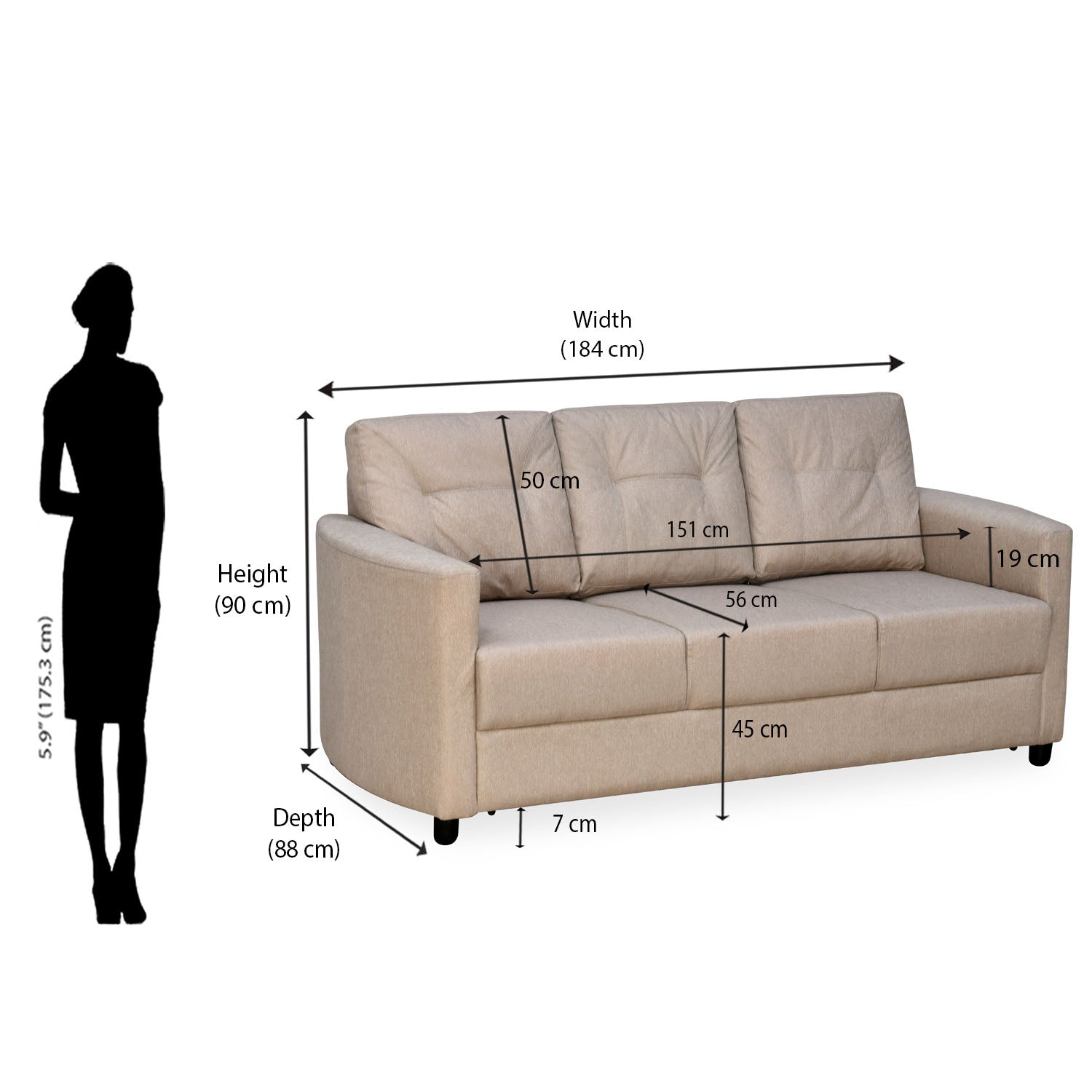 Nilkamal Astonic 3 Seater Fabric Sofa (Beige)