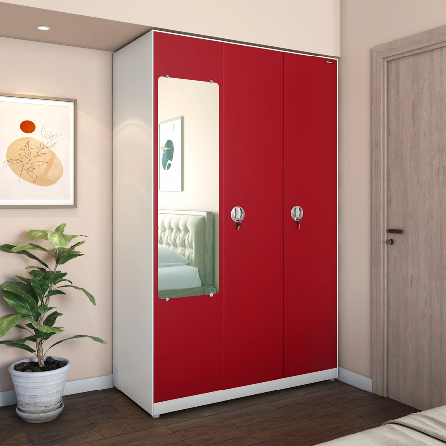 Nilkamal Jupiter 3 Door with Miror Wardrobe (Cherry Red / White)