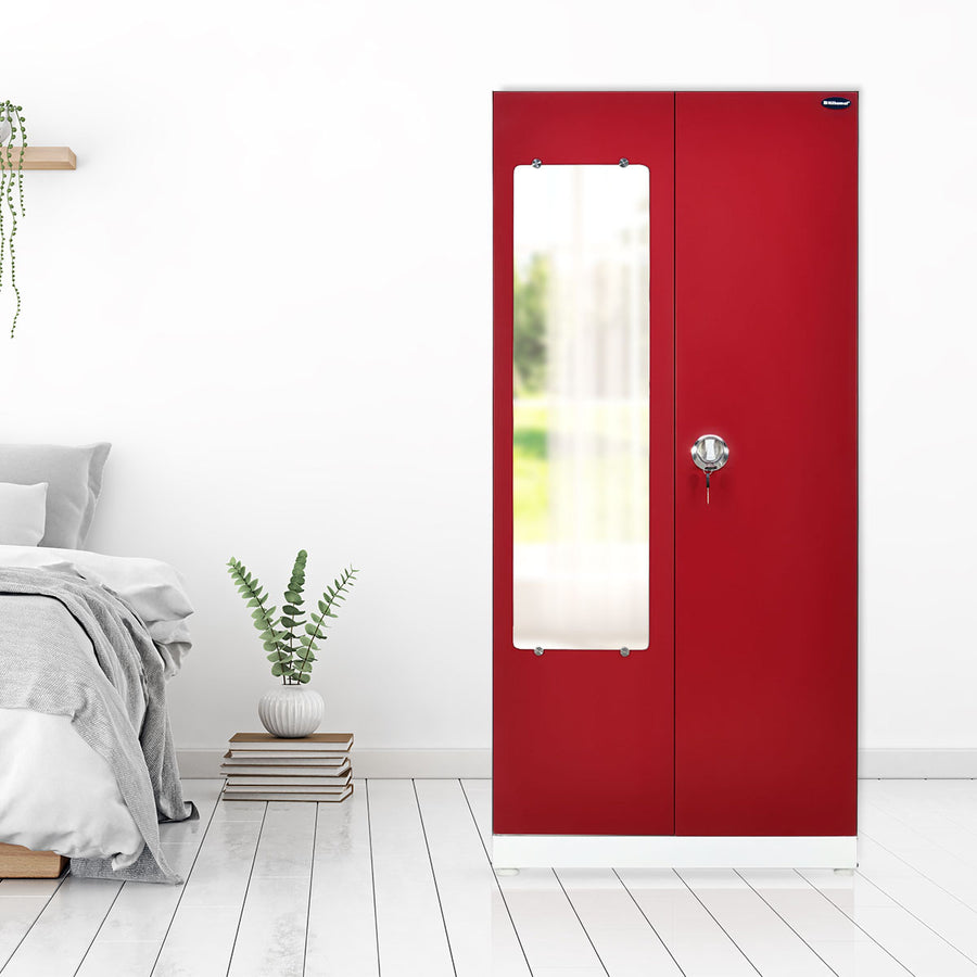 Nilkamal Mercury 2 Door with Mirror Steel Wardrobe (Cherry Red / White)