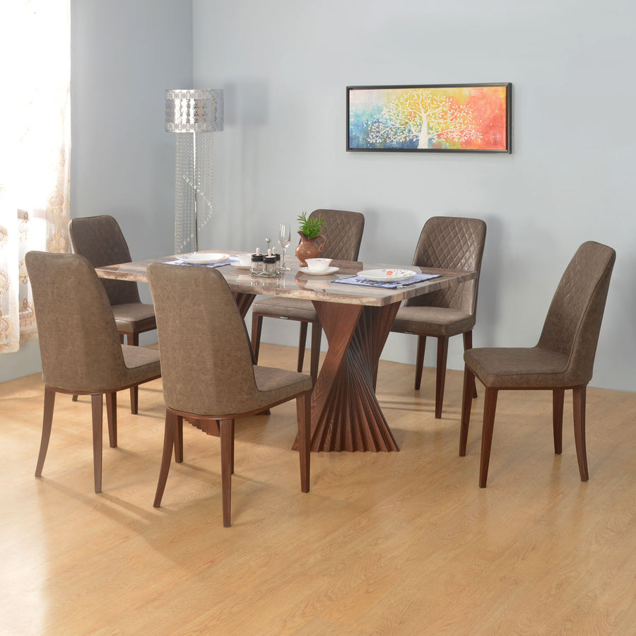 Nilkamal Mensa 6 Seater Dining Table and Cucina Dining Chair Set (Walnut & Brown)