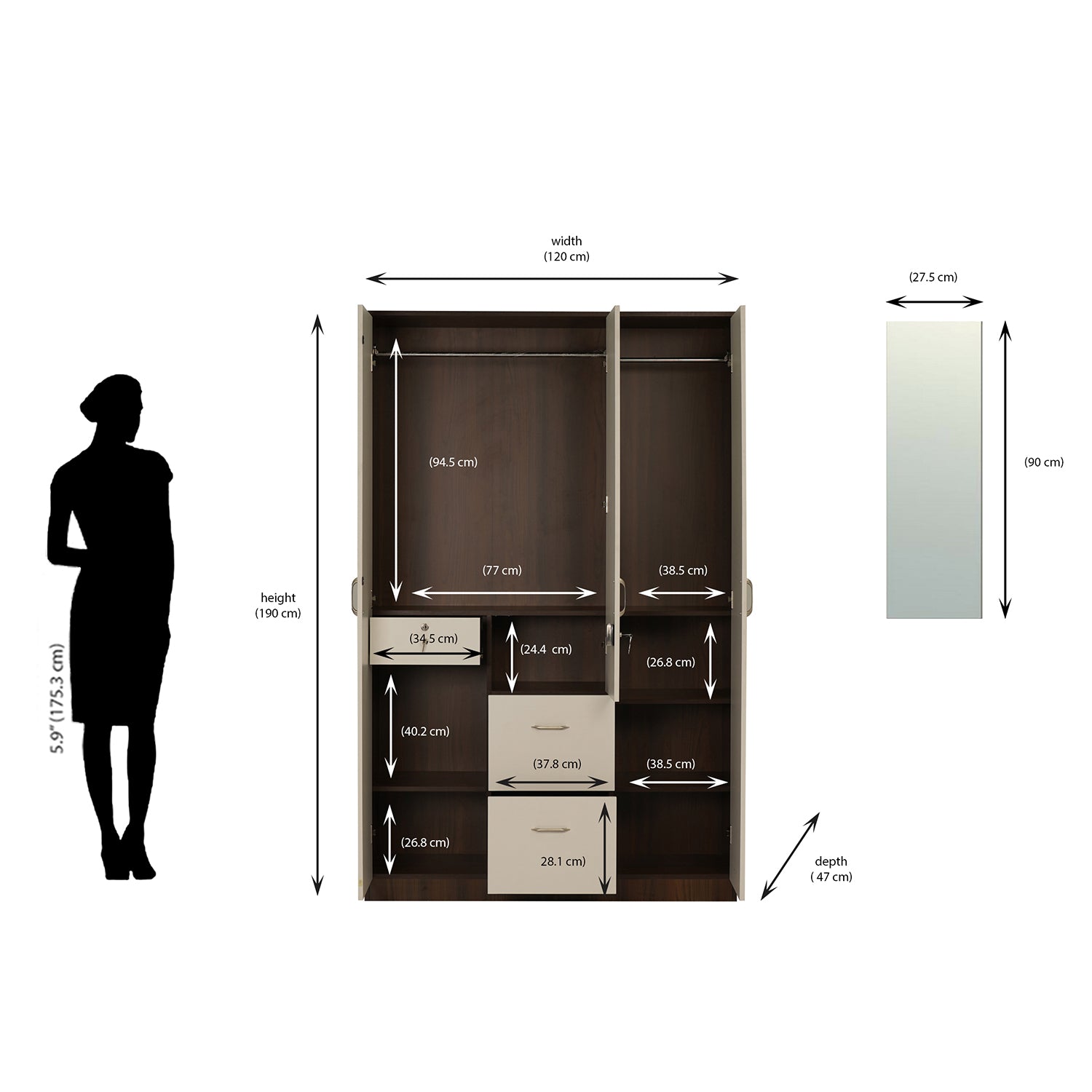 Nilkamal Mozart 3 Door Mirror Wardrobe (Walnut / White)