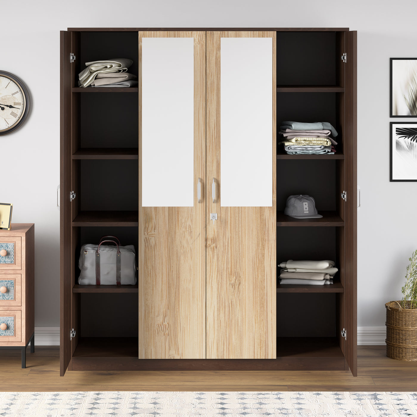 Nilkamal Willy 4 Door Mirror Wardrobe (New Wenge / Sonama Oak)