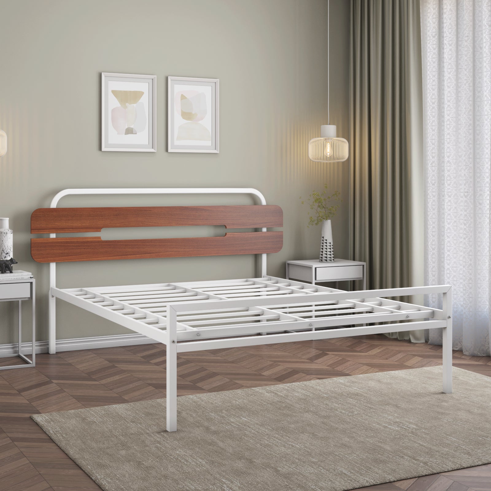 Nilkamal Nova Metal King Bed (Ivory/Walnut)