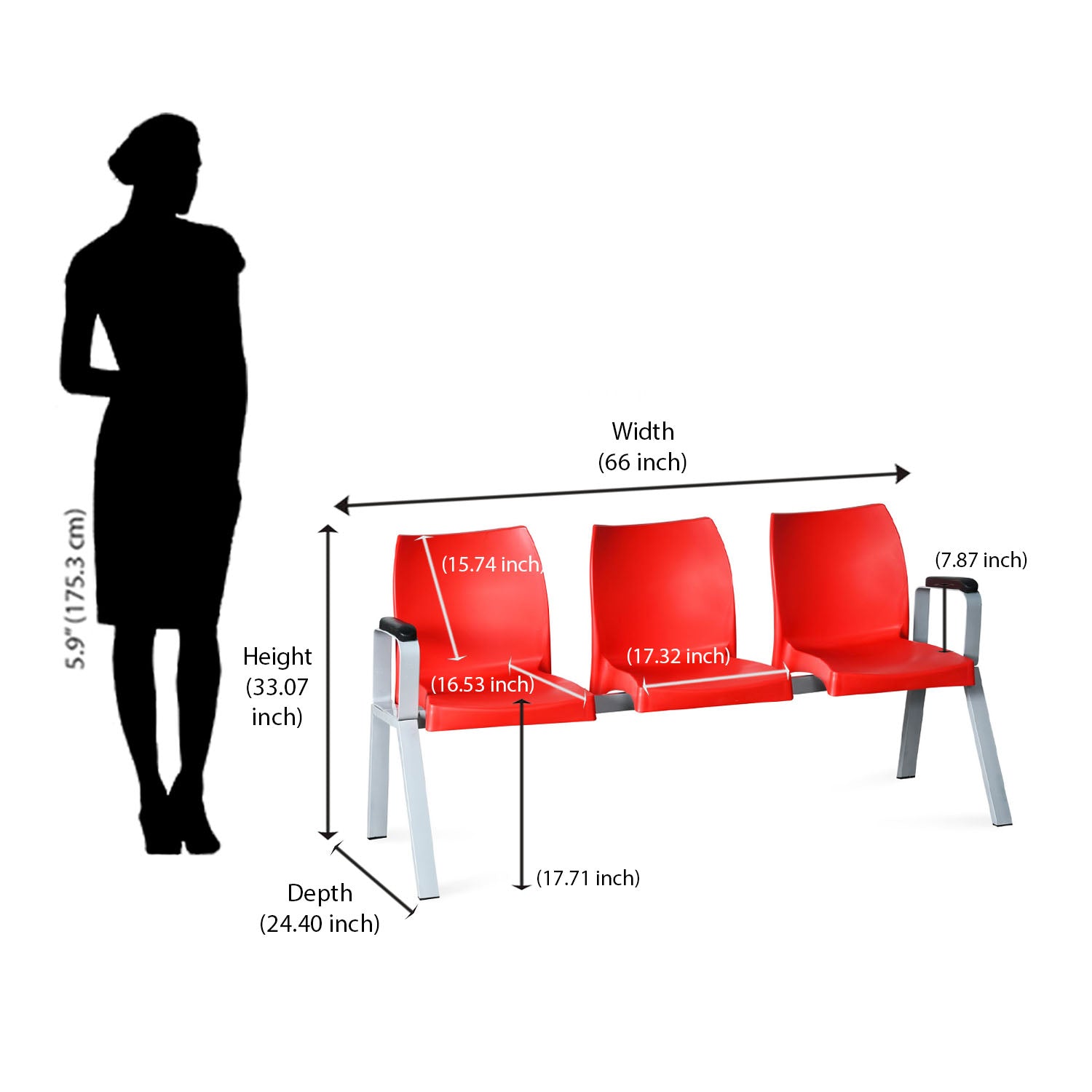 Nilkamal NS07 3 Seats with Arm Powdercoated (Grey / Bright Red)