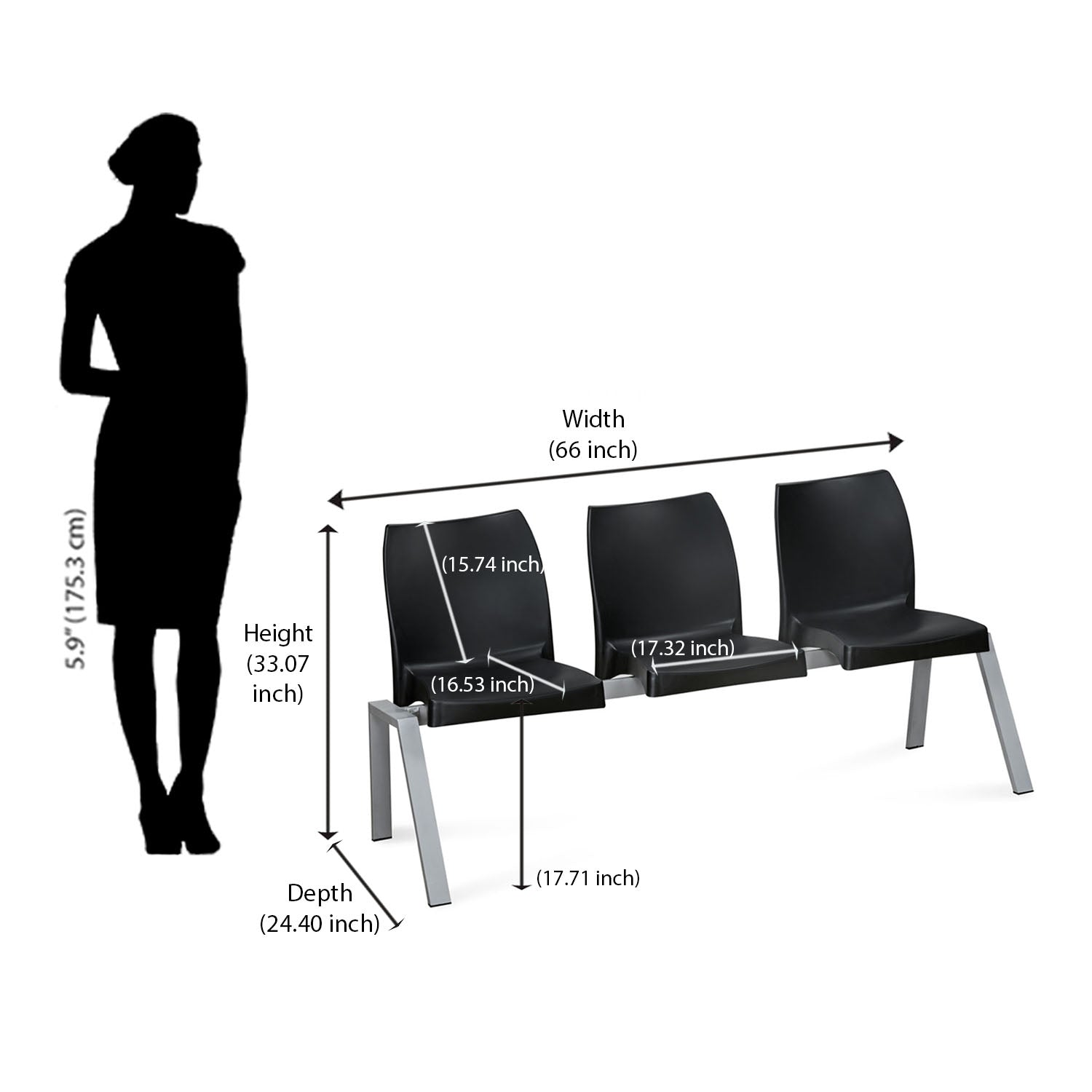 Nilkamal NS07 3 Seats without Arm Powder Coated (Grey / Black)