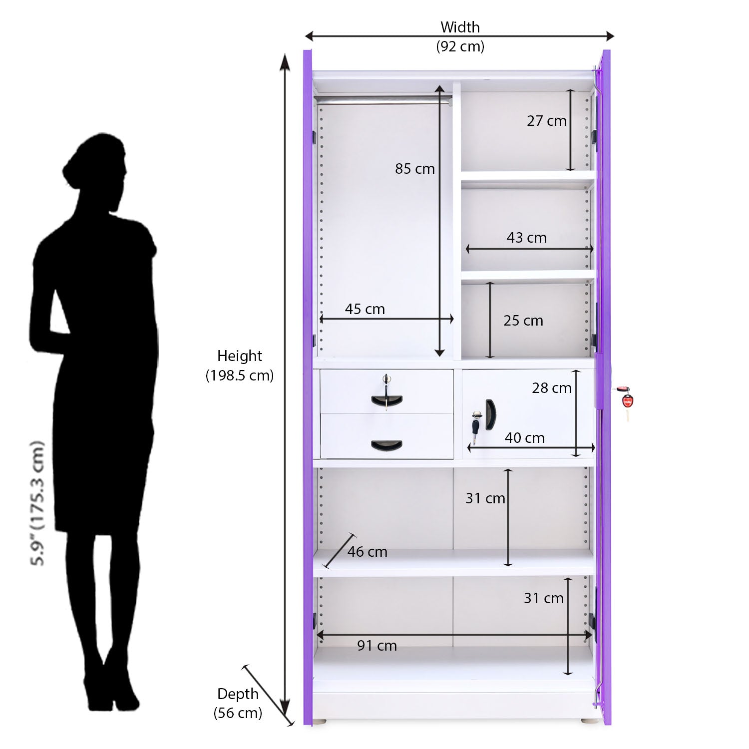 Nilkamal Olympus 2 Door with Mirror  Steel Wardrobe (Voilet / White)
