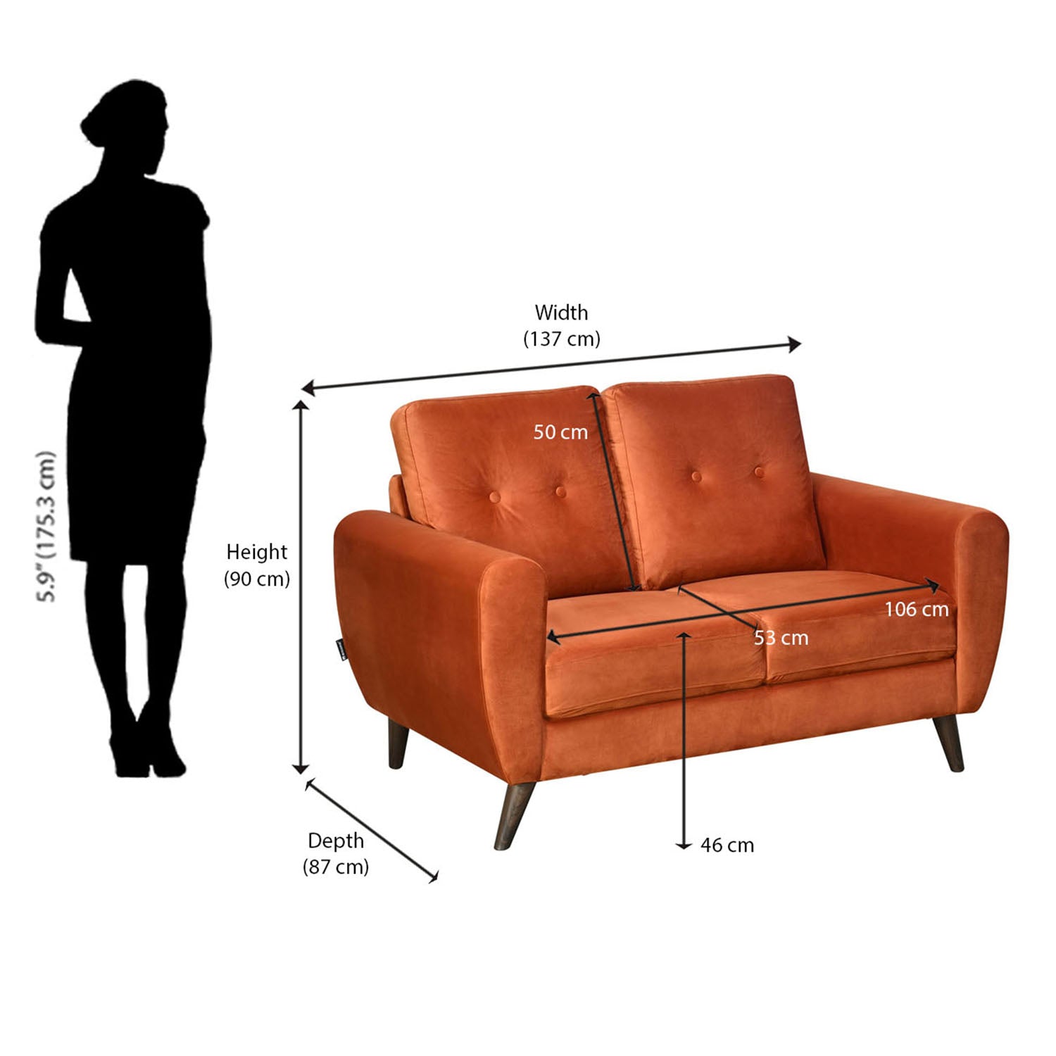 Nilkamal Rockingham Fabric 2 Seater Sofa (Rust Orange)