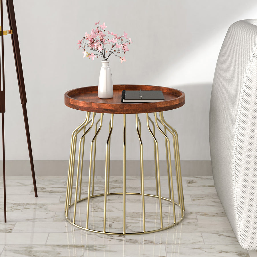 Nilkamal Tamas Solid Wood Handicraft Side Table (Honey Brass)